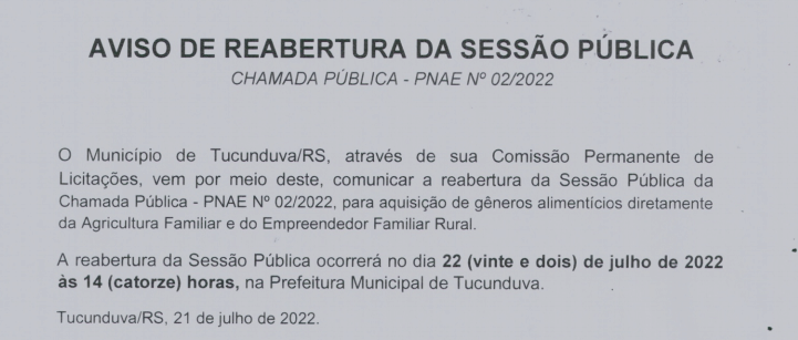 AVISO DE REABERTURA DA SESSÃO PÚBLICA - CHAMADA PÚBLICA - PNAE Nº 02_2022 - AQUISIÇÃO DE GÊNEROS ALIMENTÍCIOS
